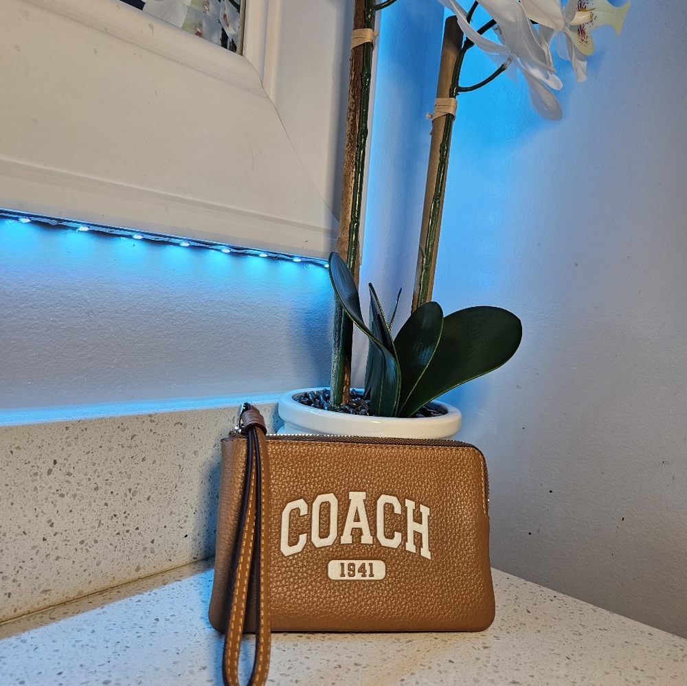 coach Silver/Light SaddleCorner Zip Wristlet With Varsity